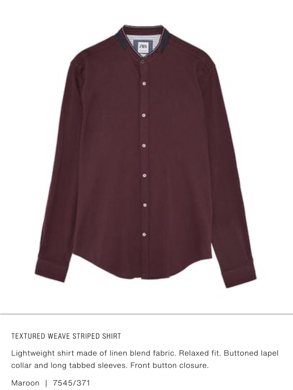 Zara Maroon Long-Sleeve Button-Down Shirt